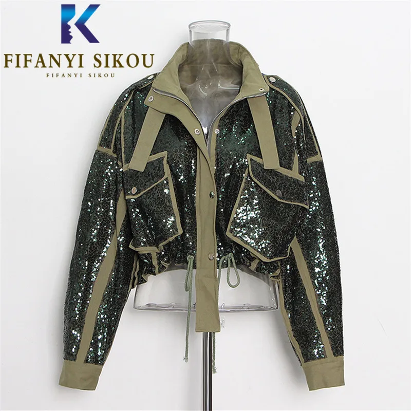 Sequins Jackets Women Fashion Short Coat 2021 New Big Pocket Spliced Loose Zipper Bomber Jacket Female Streetwear Outerwear