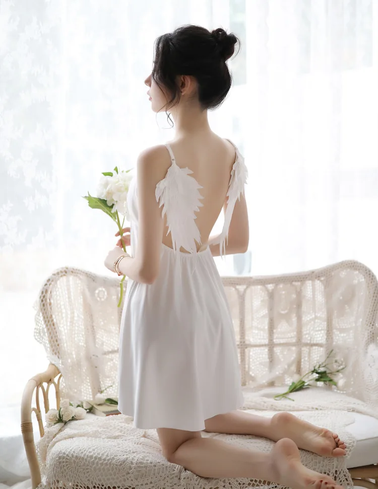 Sexy Backless Women Beach Dress Spaghetti Strap V-neck Satin Slim One Piece Dress Feminine Casual Angel Wings Jumper Dress