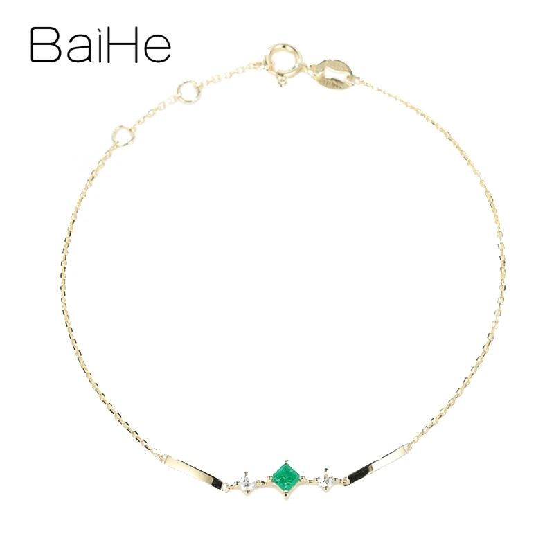 BAIHE Solid 18K Yellow Gold Princess Natural Emerald Diamond Bracelet Fine Jewelry Making 에메랄드 팔찌 pulsera esmeralda エメラルドブレスレット