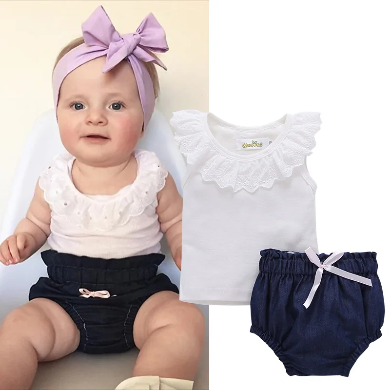 

Newborn Baby Clothes Set Toddler Infant Girls Round Neck Tops Shorts Briefs Headband 2pcs Outfit Sunsuit