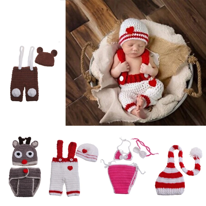 

Fashion Newborn Photography Prop Overalls Pants Photography Outfits Crochet Hat Pants Bodysuit for 0-3 Month Boys Girls G99C