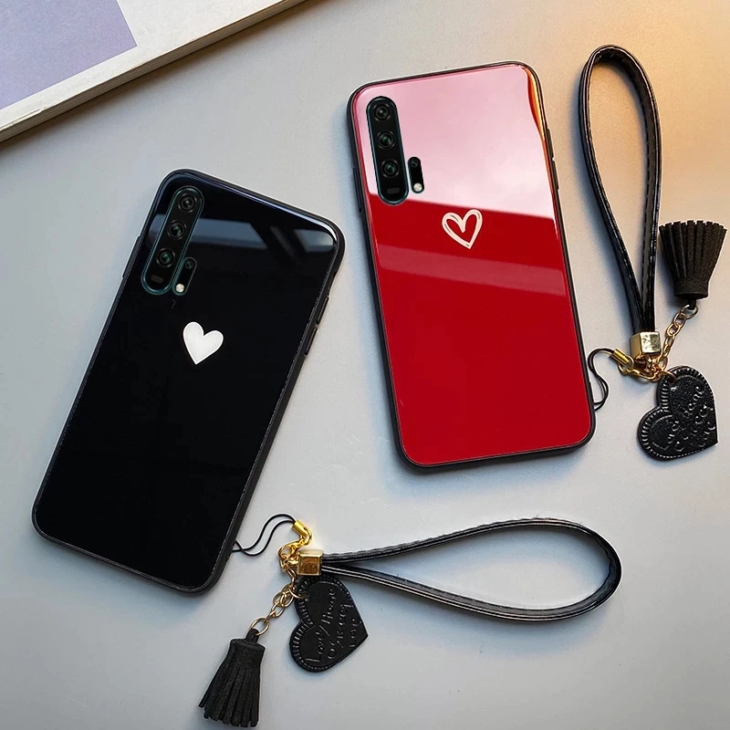 For Samsung Galaxy A7 A8 A6 A9 2018 Case Free strap Red Black Heart Hard Glass Cover For Samsung A6 A8 Plus 2018 Casing