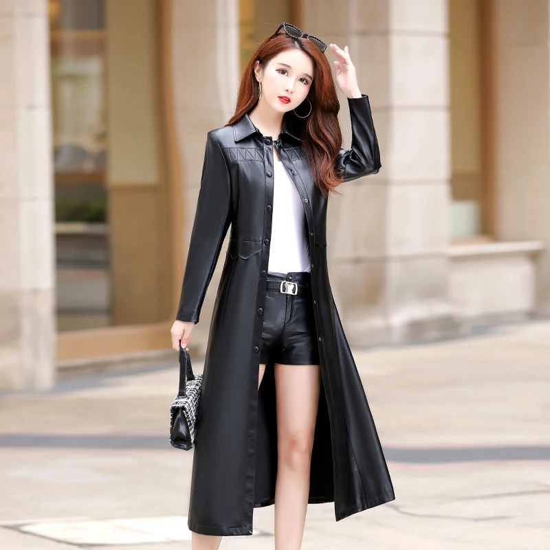 

Spring New Natural Leather Jacket Female Long Over The Knee Sheepskin Trench Coat Korean Women's Fashion Winter Slim Overcoat