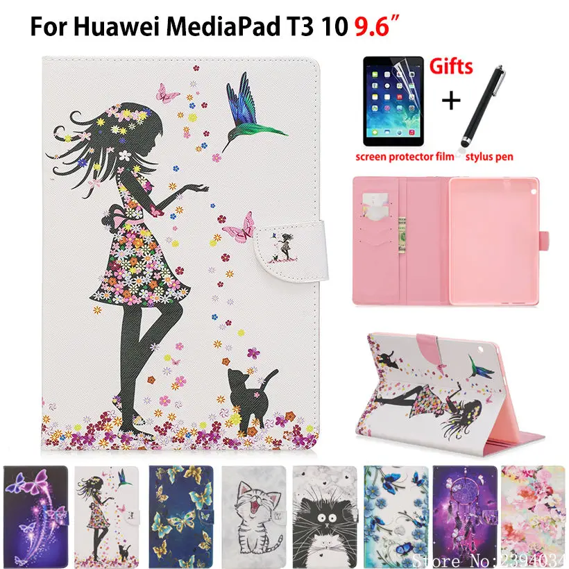 

Tablet Case For Huawei MediaPad T3 10 AGS-W09 AGS-L09 AGS-L03 9.6" Cover Funda Fashion Girl Cat Flip Stand Skin Shell Capa +Gift