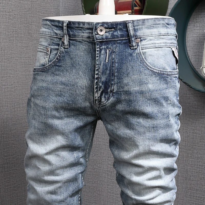 Casual Light Blue Jeans Men Classic Regular Fit Straight Denim Pants