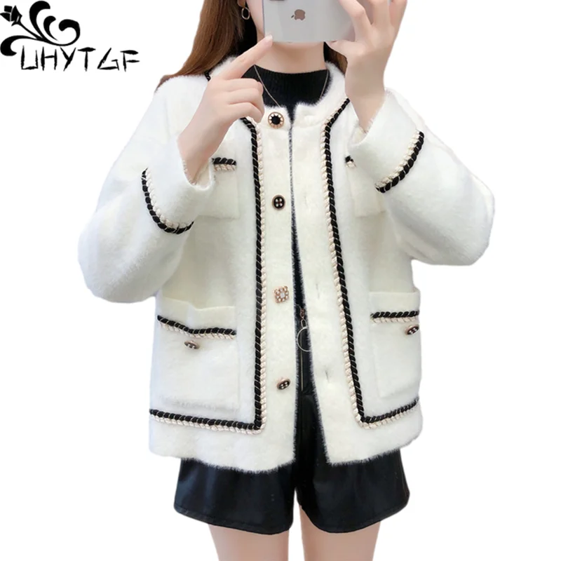 UHYTGF Mink Fleece Autumn Winter Sweater Jacket Women Fashion Pockets Single Breasted Cardigan Knitted Short Coat Female 1892