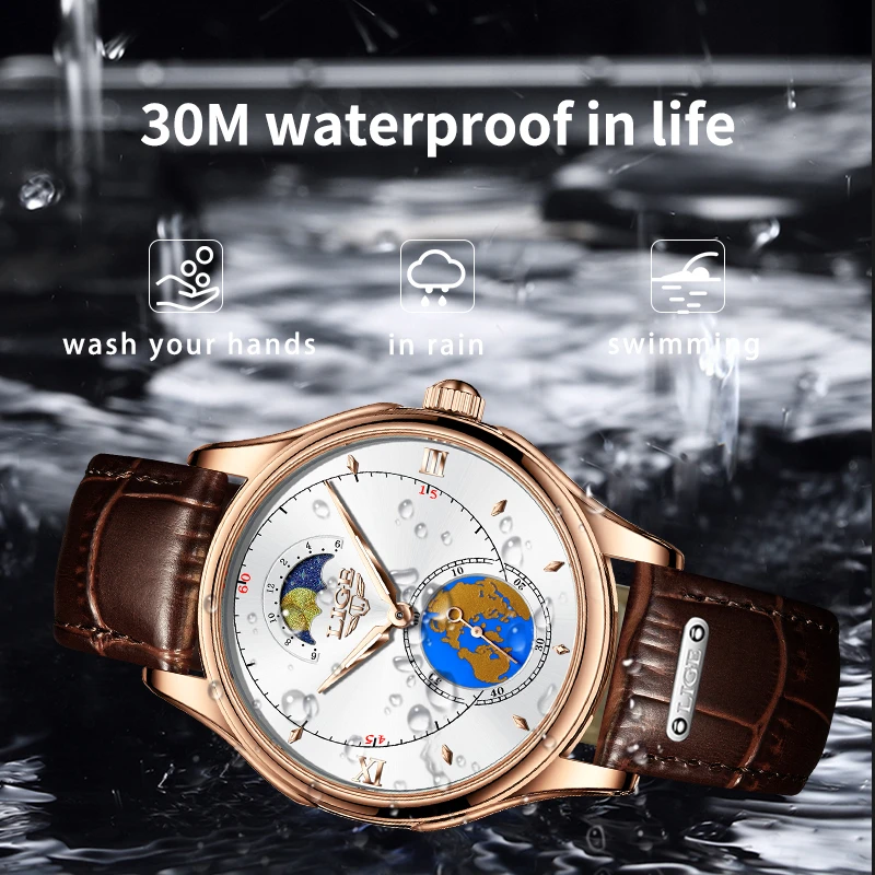 New 2024 LIGE Fashion Leather Mens Watches Top Brand Luxury Quartz Gold Watch For Men Sport Waterproof 24 Moon Phase Clock+Box