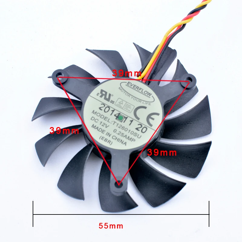 T126010SU Diameter 55mm hole pitch 39mm DC12V 0.25A Cooling fan for soft router heat dissipation aluminum sheet graphics card