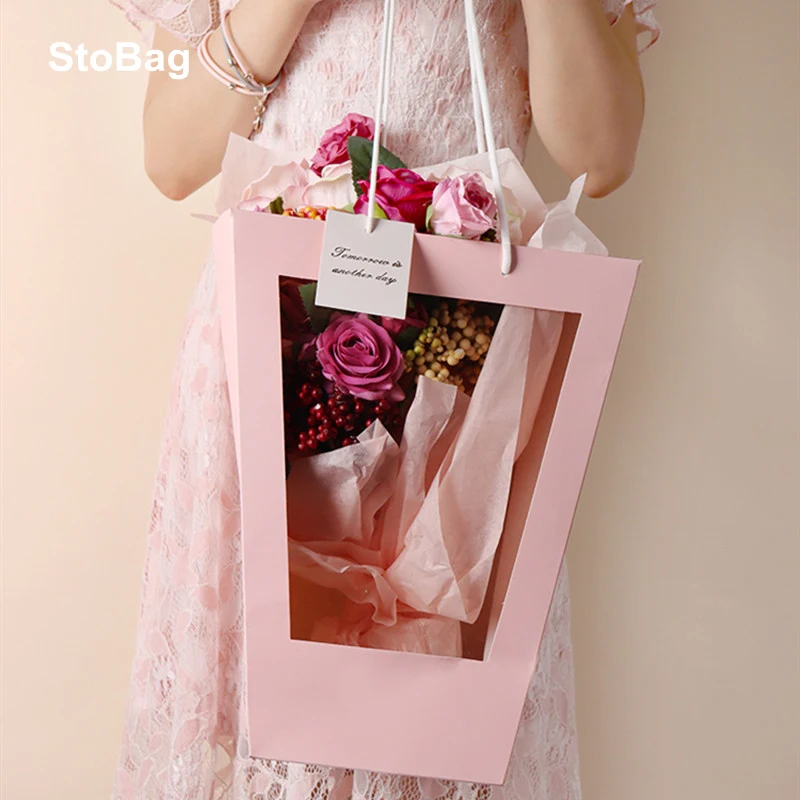 

StoBag Flower Packaging Paper Bag Valentine's Day Wedding Birthday Gift Decoration with Transparent Window Storage 6Pcs per Lot