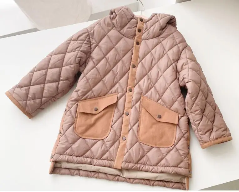 Baby girl autumn winter fashion hooded padded coat kids zipper long lattice stitiching warm outwear