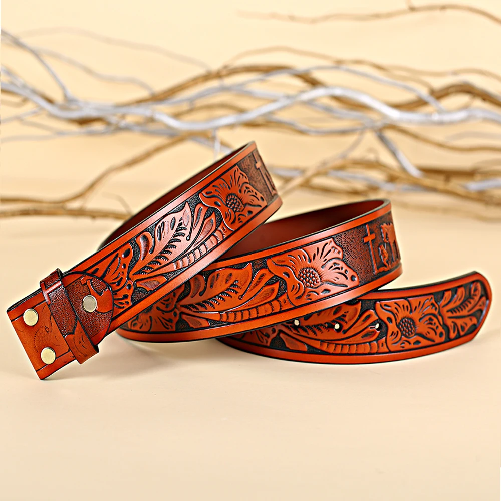 

Ремень мужской кожаный в Западном ковбойском стиле с резьбой