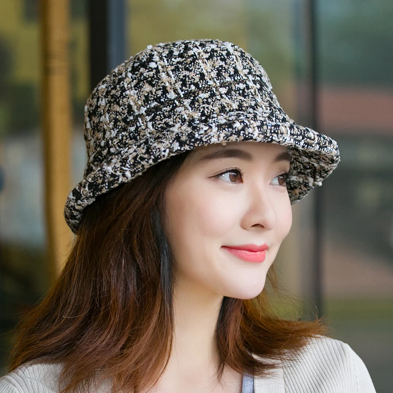 

H7698 Women Plaid Knitted Bucket Hat Ladies Stylish Elegant Korean Casual Fisherman Cap Autumn Winter High Quality Fashion Hats
