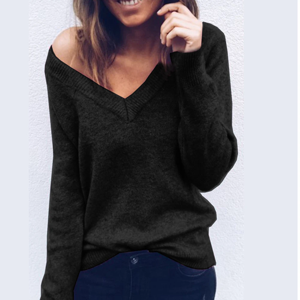 Sexy Loose Neckline Sweater Knitwear Women Sweater Spring Autumn V Neck Long Sleeve Pullover Solid Color Knit Sweater pull femme