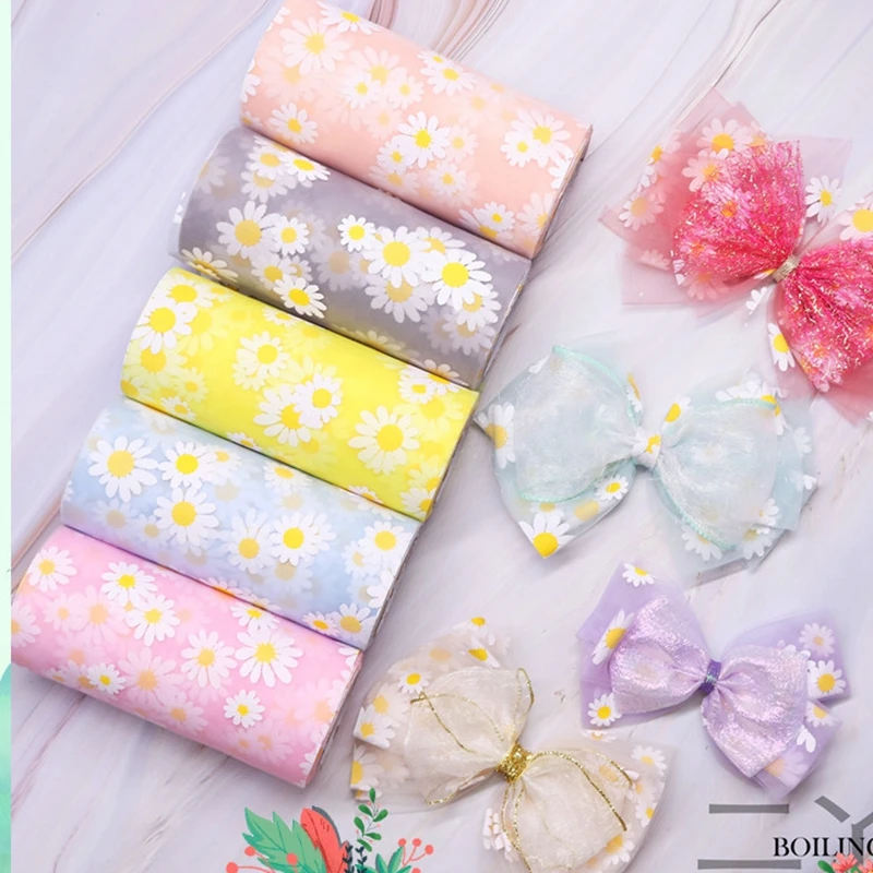 10 Yards 25 yards 6cm 7.5cm 13cm Width DIY Flower Printed Ribbon  for Gift Packing Crafts Hair bows Wrapping Flower Voile Ribbon