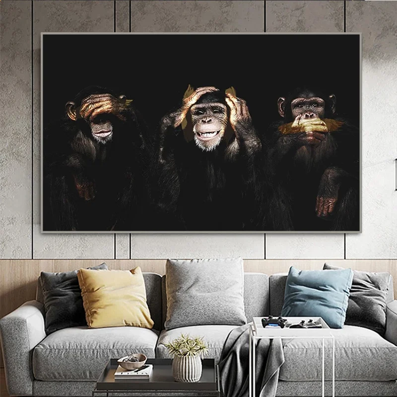 Dark Wise 3 Monkey Gorilla Pictures Animal Posters And Prints Canvas Painting Wall Art For Living Kids Room Decoration