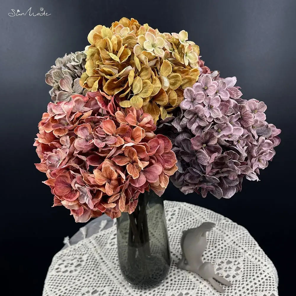 SunMade Luxury Vintage Large Hydrangea Silk Artificial Flowers Fall Decoration Flower Arrangement Supplies Home Wedding Decor