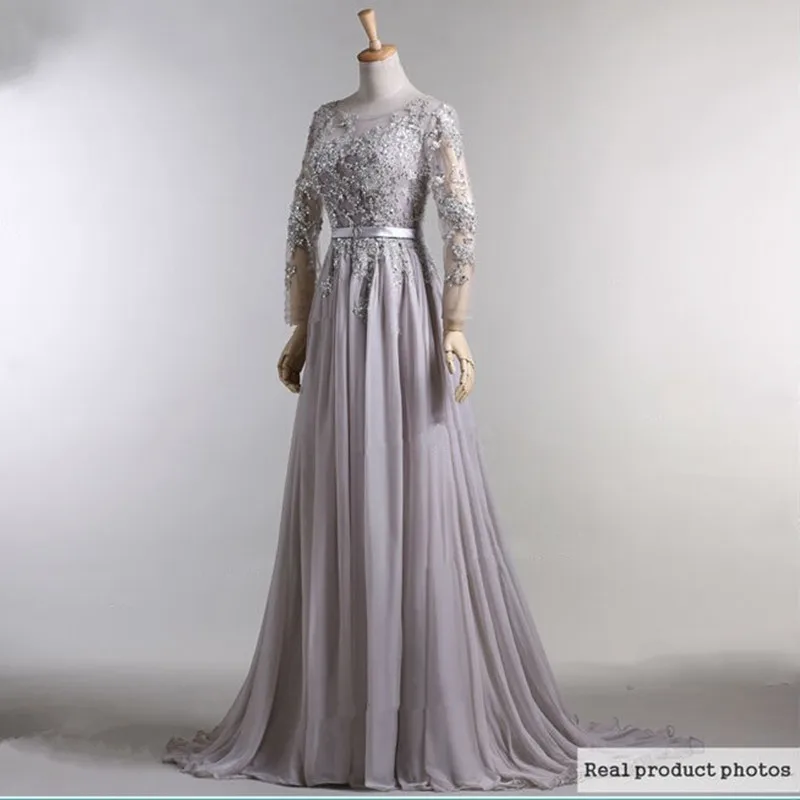 вейп мини chiffon beaded long sleeve grey color muslim dubai kaftan formal evening gown real pictures Bespoke Occasion Dresses