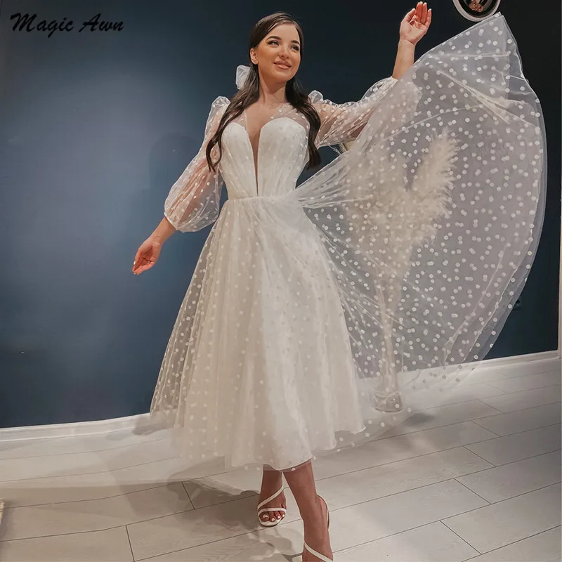 Magic Awn 2022 Boho Tea-Length suknie ślubne Polka Dots Tulle Puffy Sleeve Illusion krótka plaża linia Mariage suknie Vestidos