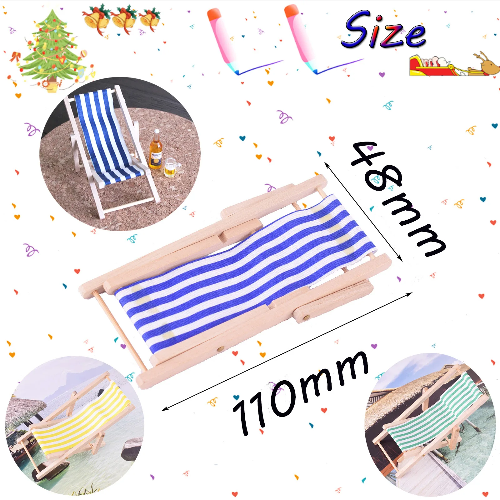 Mini Beach Chair Foldable Striped Wooden Beach Chair Longue Deck Chair for Craft Dollhouse Accessories