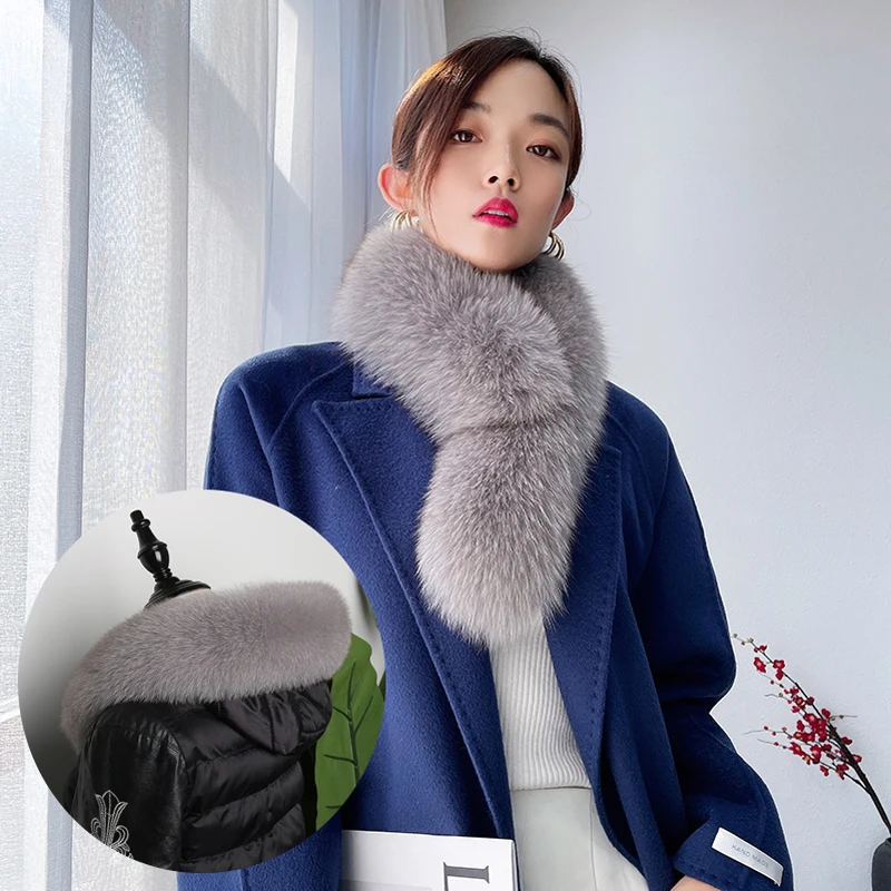 

Winter 100% Natural Real Fox Fur Scarf Luxury Coat Hat Hood Trim Straight Fox Collar Women Neck Warm Clip Scarves Genuine Shawl