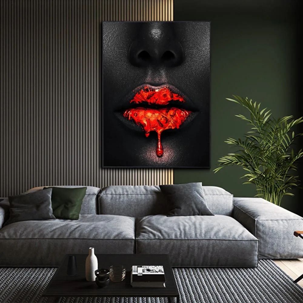 

Creative Red Lips Dollar Drip Canvas Print Art Black African Woman Lip Wall Art Canvas Poster Picture Home Living Room Decora