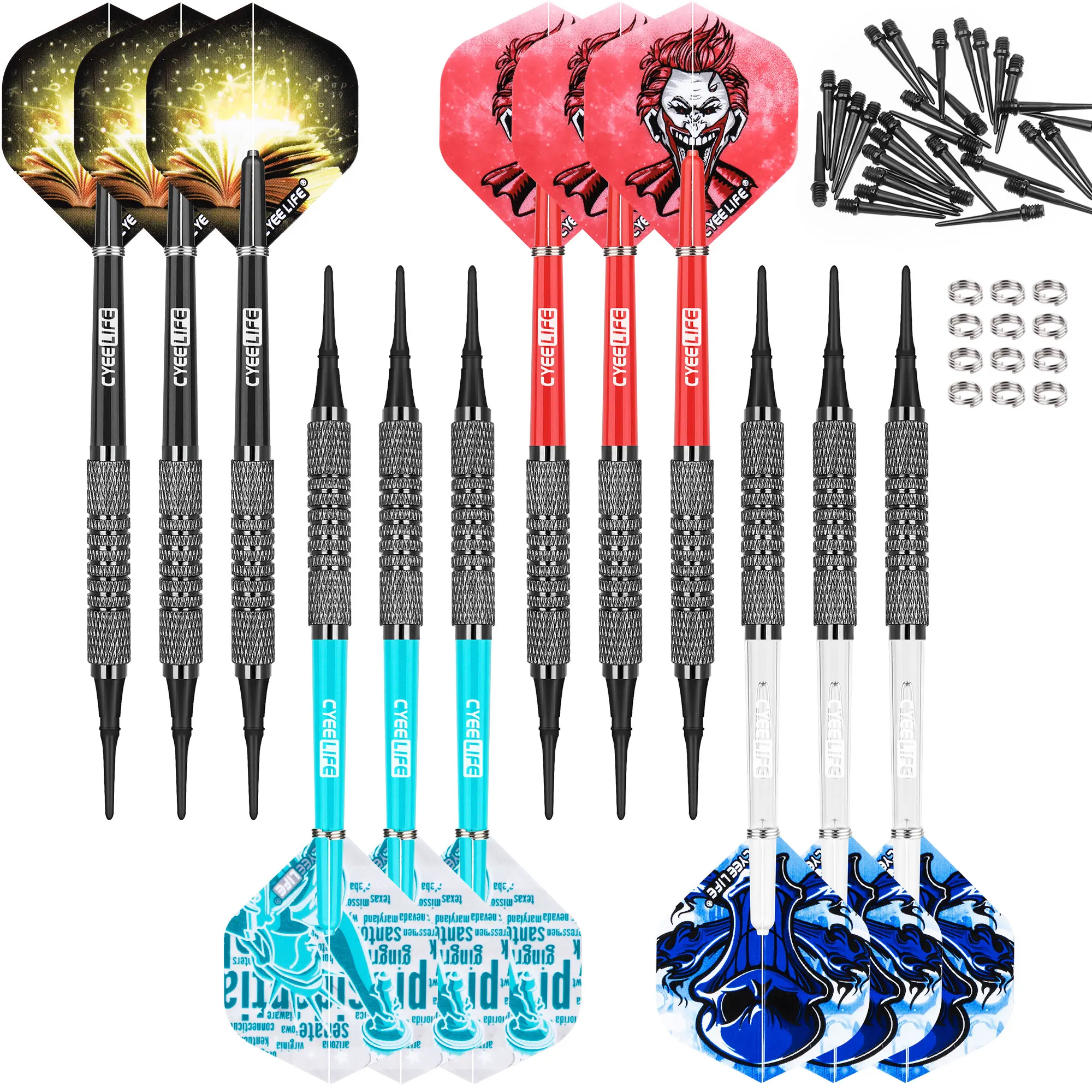 CyeeLife 9/12/14/18/22g Soft tip darts set 12 Packs with 4 Colors PVC Shafts+Metal Spring O Rings+30 Plastic Points