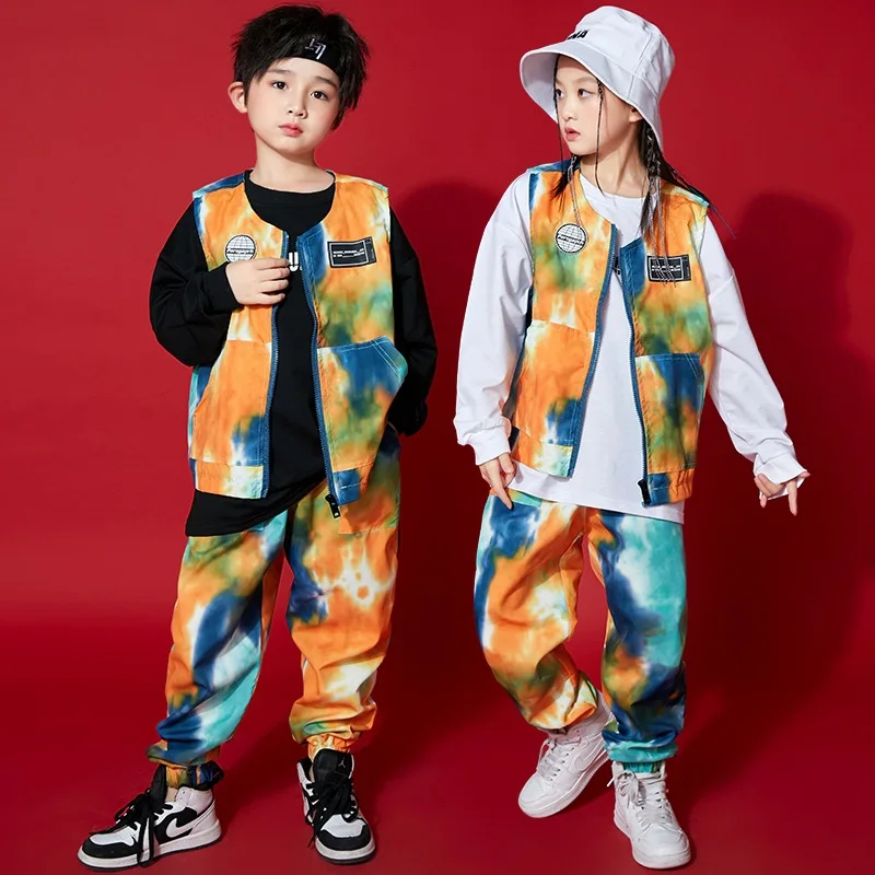 Kid Kpop Hip Hop Clothing Sweatshirt Print Sleeveless Jacket Top Streetwear Jogger Pants for Girl Boy Jazz Dance Costume Clothes