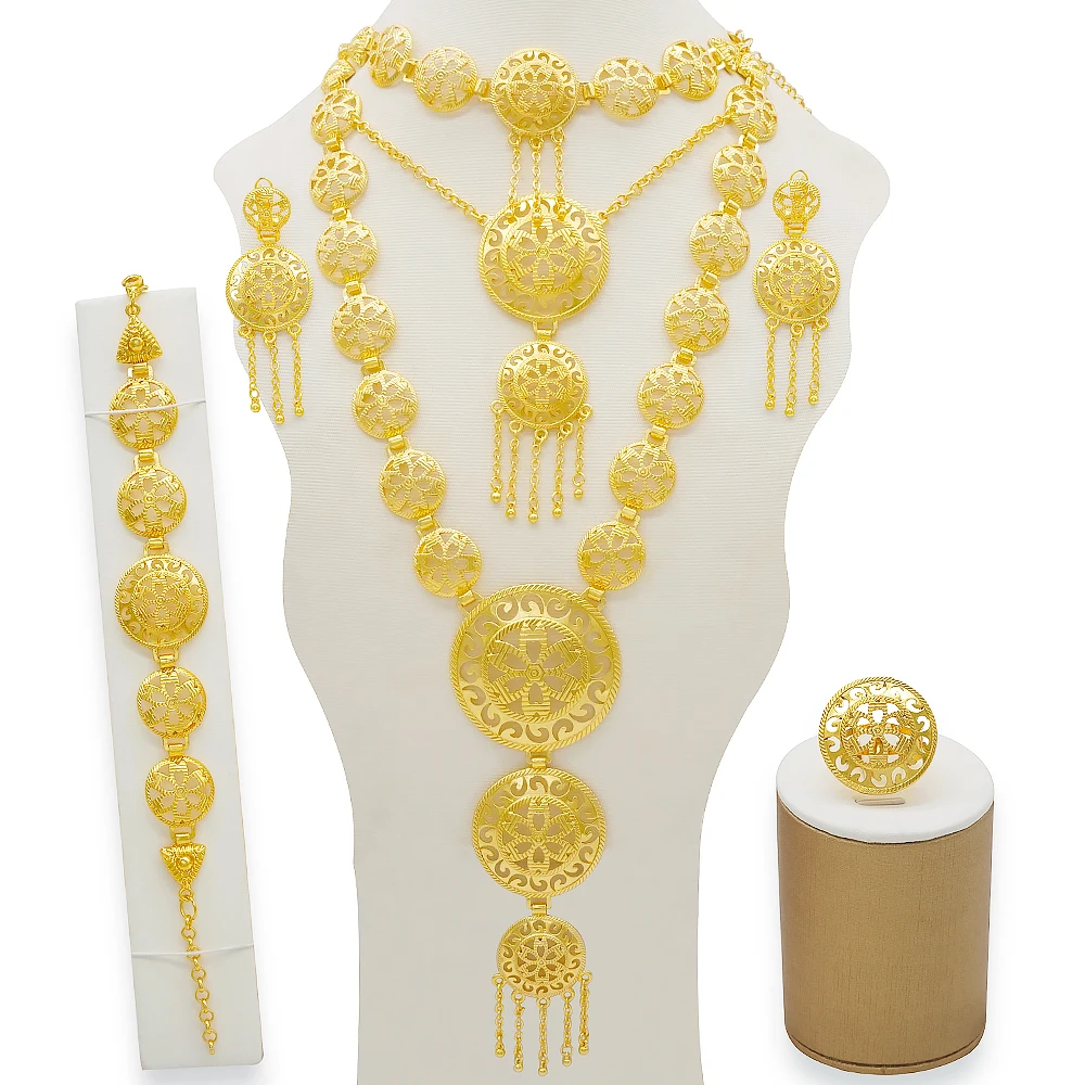 Fashion Long Necklace Earrings Ring Bracelet Jewelry Set Women Gold Color Afrian Jewelery Sets Wedding Accessories