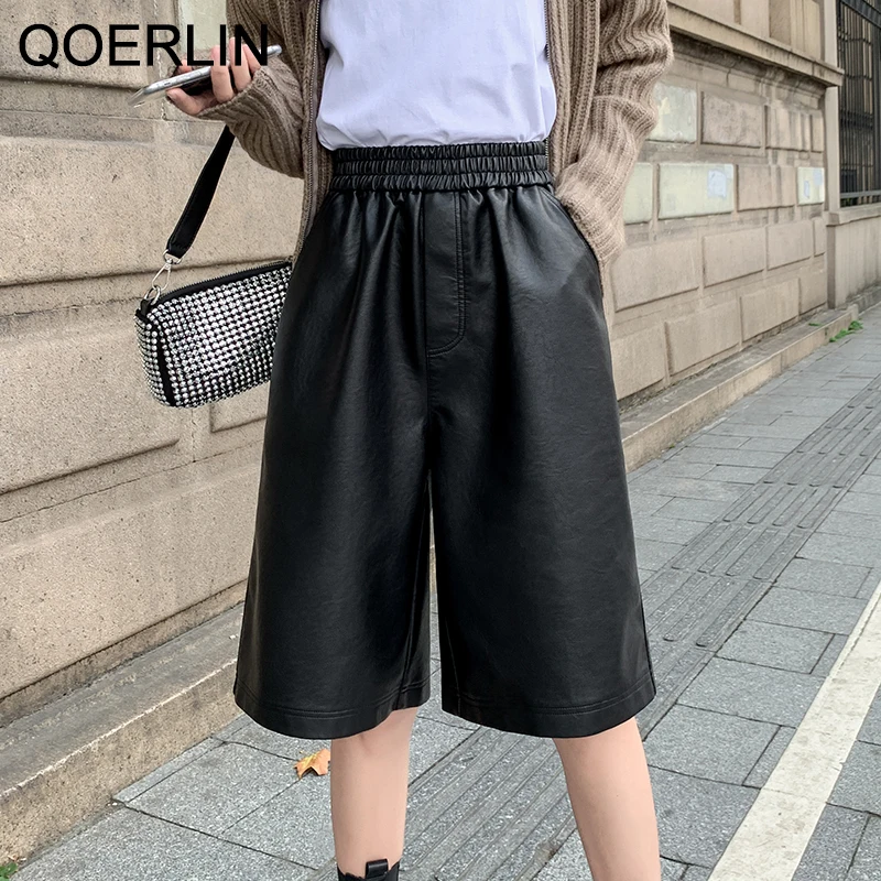 QoerliN-pantalones cortos de cuero sintético para mujer, ropa de calle informal de cintura alta, pierna ancha, prendas de vestir exteriores