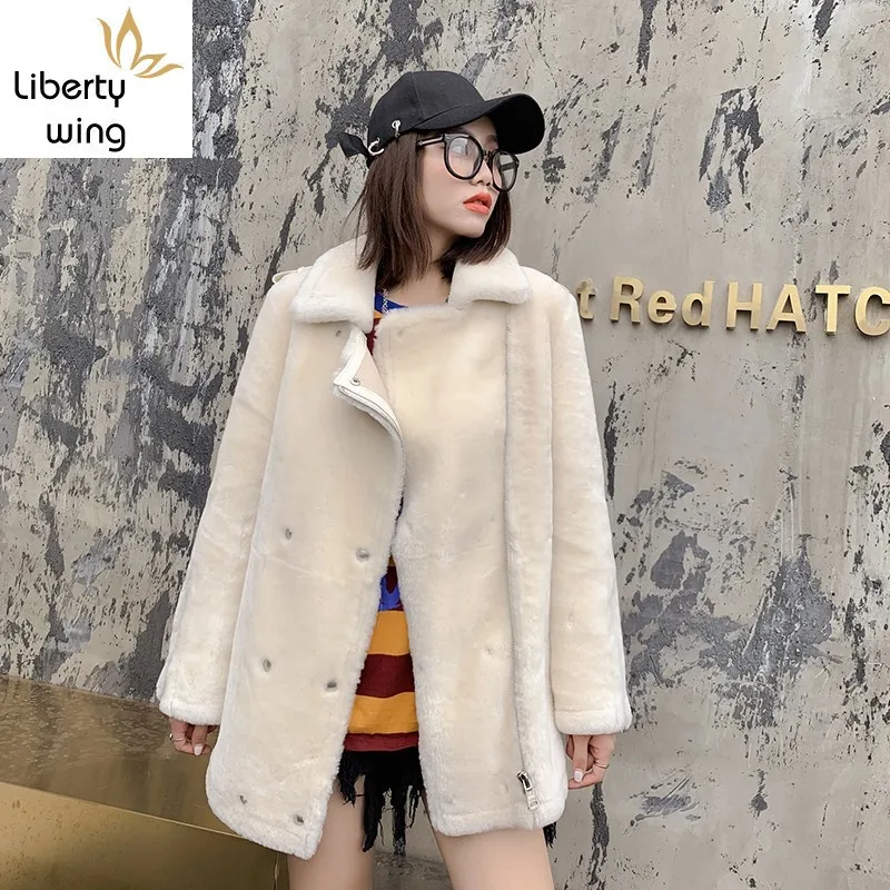 Luxury Women Real Fur Loose Fit Leather Belted Natural Wool Coat Office Ladies Mid Long Shearling Jacket Winter Overcoat