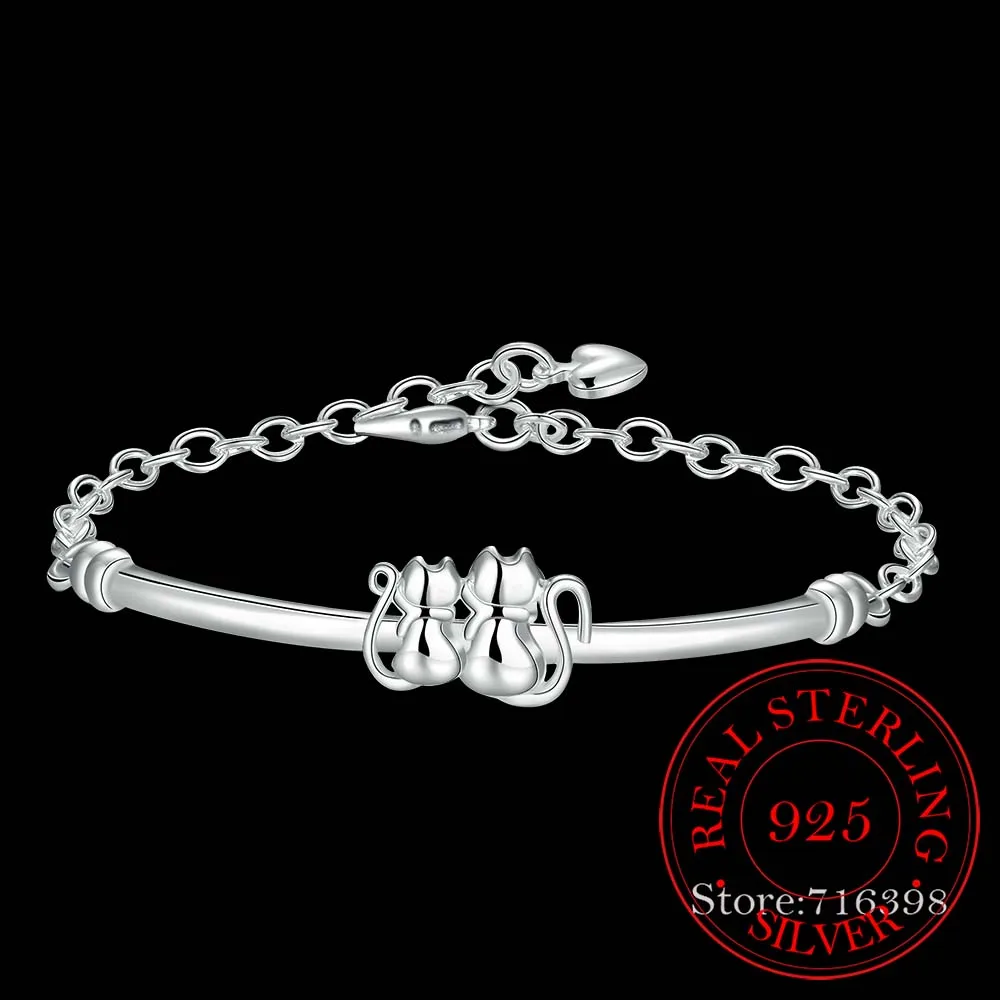 Hot Sale Fine Jewelry Gift 100% 925 Sterling Silver Cute Couple Cat Chains Bracelet & Bangle for Women Men Pulseiras De Prata
