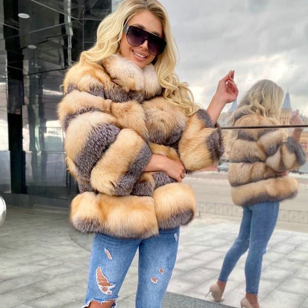 Fashion Real Fox Fur Coat for Women Winter Outwear High Quality Whole Skin Genuine Fox Fur Coats with Stand Collar Overcoat