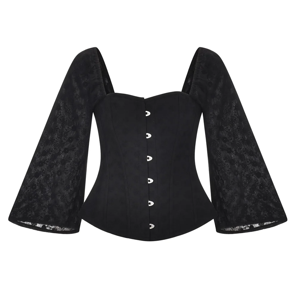 

Black Long Sleeves Embroidered Corsets For Women Overbust Waist Slimming Bustiers Gothic Blouse Tops Sexy Shoulder With Straps