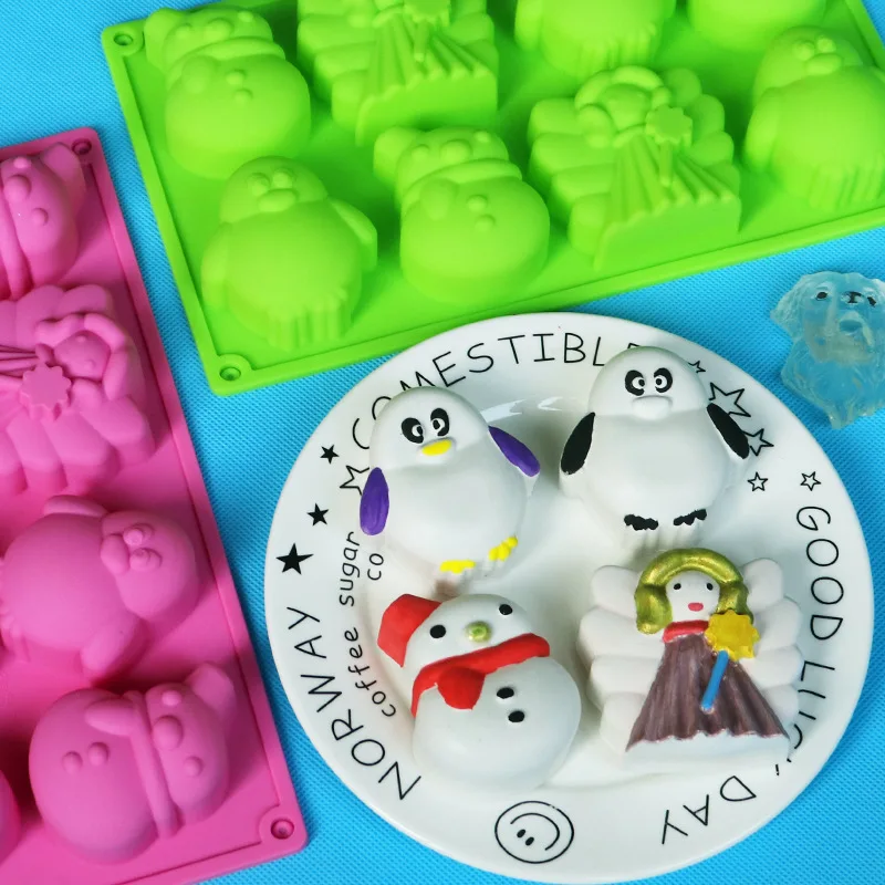 Christmas Series Silicone Mold 6 Hole Cake Fondant Mould Christmas Animal Penguin Snowman Angel Handmade Soap Molds Resin M076