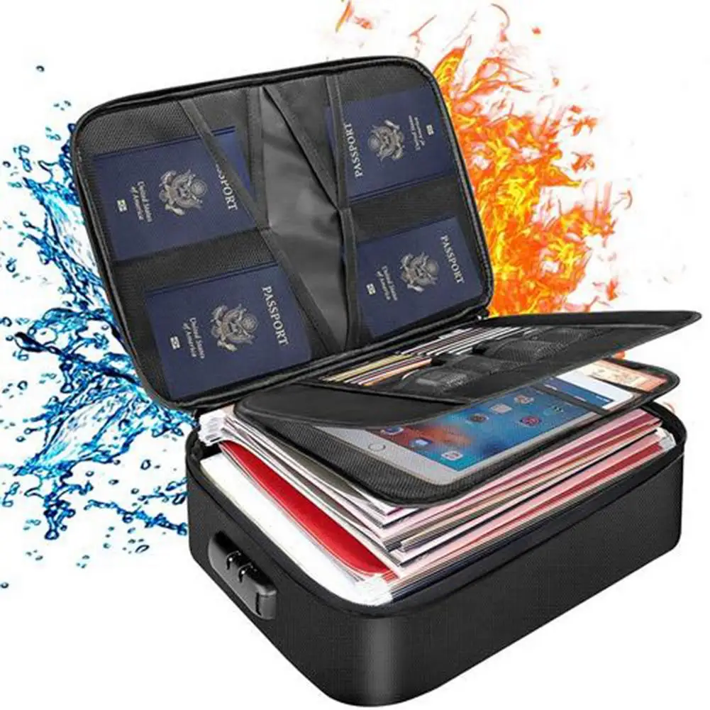 File Bag Fireproof Waterproof 3-layer Document Bag With Lock File Safe Portable Travel Storage Pouch For Documents Mini Laptops