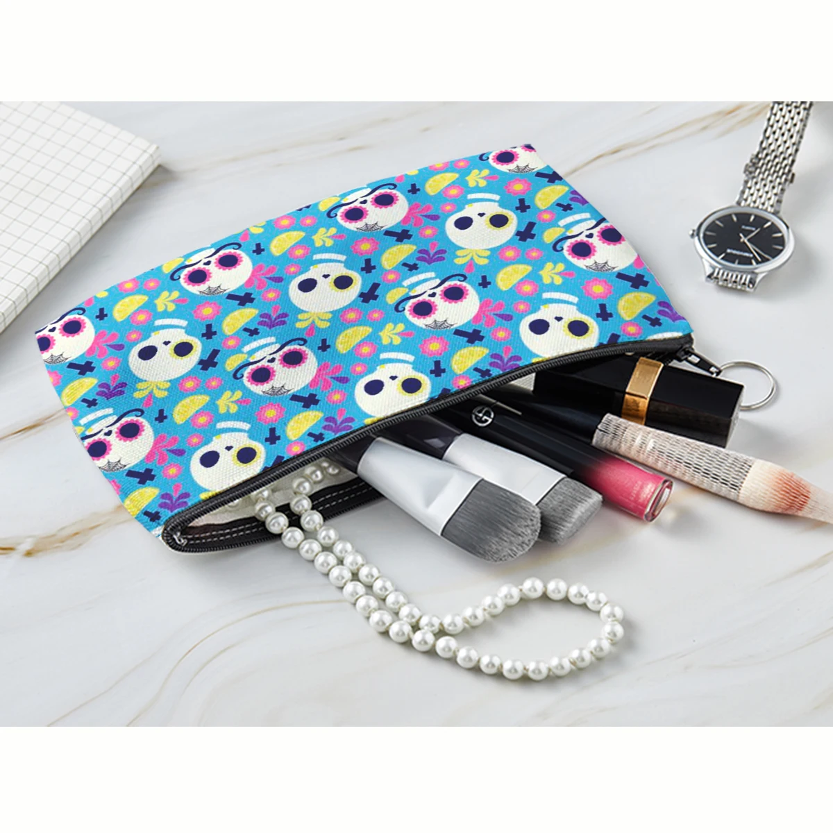 Schedel Print Vrouwen Cosmetische Tas Persoonlijkheid Make Pouch Draagbare Reizen Opbergtas Lipstick Organizer Gevallen Rits Make-Up Tas