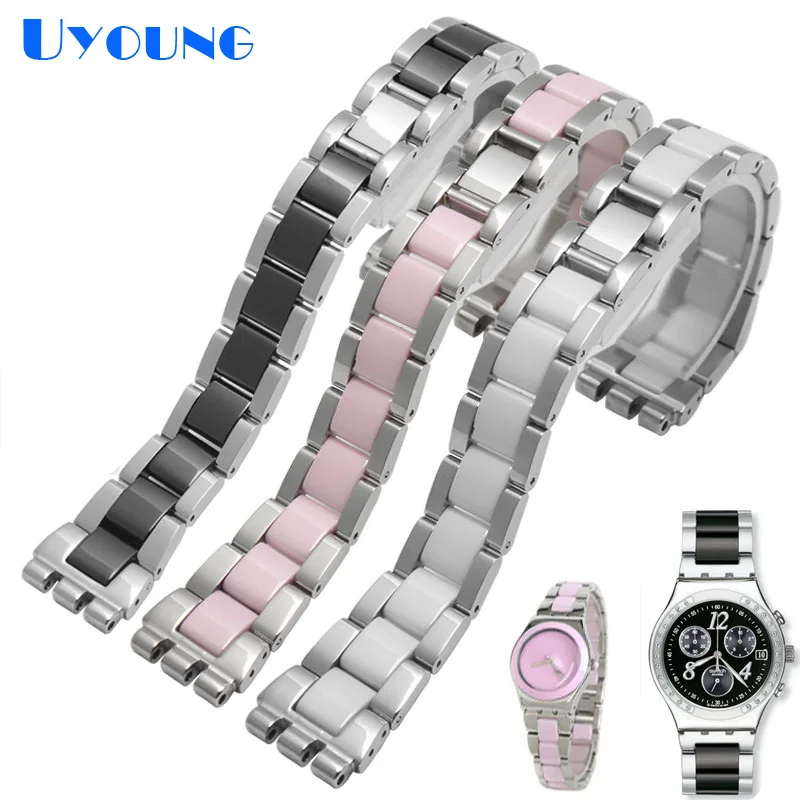 metal Watchband For Swatch YGS716 YAS100 YVS441G/YAS112G watch bracelet Stainless steel + Ceramic Watch Band 17mm women wrist