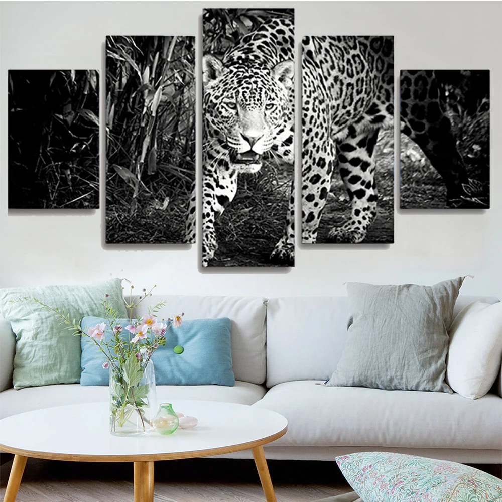 

Posters Modular Picture Wall Art Home Decoration 5 Panel Animal Leopard Framework Living Room HD Printed Modern Wall Painting