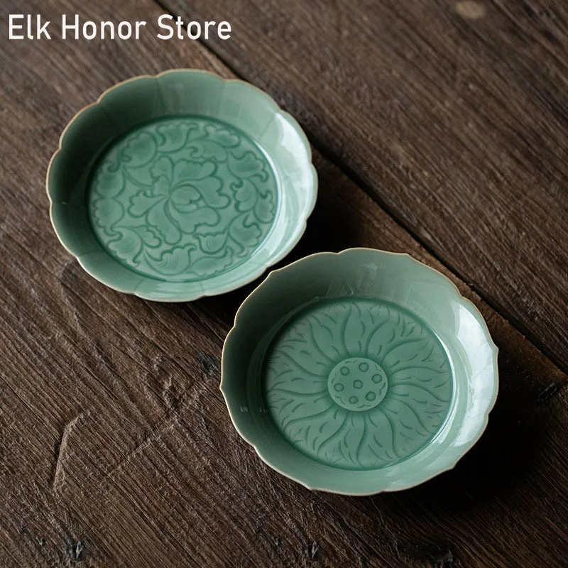 Yue Kiln Celadon Pure Manual Relief Lotus Pot Ceramic Bearing Household Ceramic Dry Bubble Plate Kung Fu Tea Set Accessories