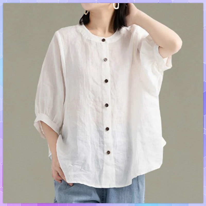 Solid Cotton And Linen Shirt Summer Casual Loose Top Lantern Sleeve Oversized T-Shirt Women Button-Down Tee Shirt Ropa De Mujer