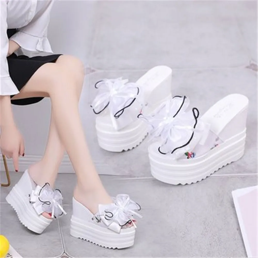 Summer Bow Women Sandals Wedges Body Increases 11 CM Slippers  High Heels Lady Casual Peep Toe Fashion Holiday Beach Shoes Black