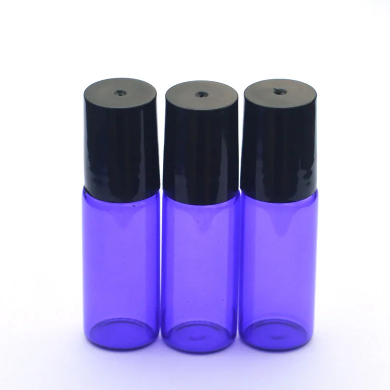 100pcs Hot 5ml Blue Perfume Glass Roll Vial Aromatherapy Essential Oil Roller on Bottles with Metal Ball Black Plastic Cap