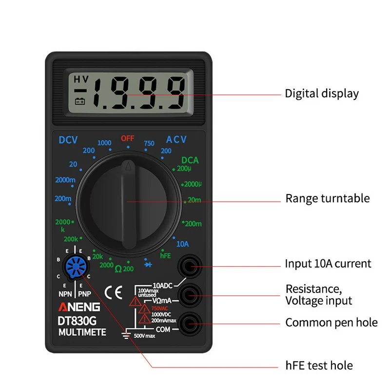 DT830G Mini Digital Multimeter Handheld AC/DC Test Voltage Current Ohmmeter Power Meters Tester Portable