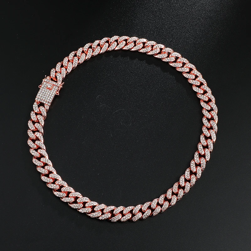 D&Z Hip Hop 13mm Rose Gold Color Cuban Link Chain For Men Iced Out Bling Rhinestone Chain Homme Fashion Jewelry