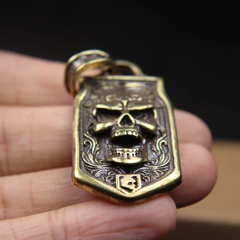 Vintage Skull Head Hanging Tag Lanyard Pendants for Keychain Punk Rock Hip Hop Men Trendy Jewelry Pure Brass Cool Keyring Charms - view 4