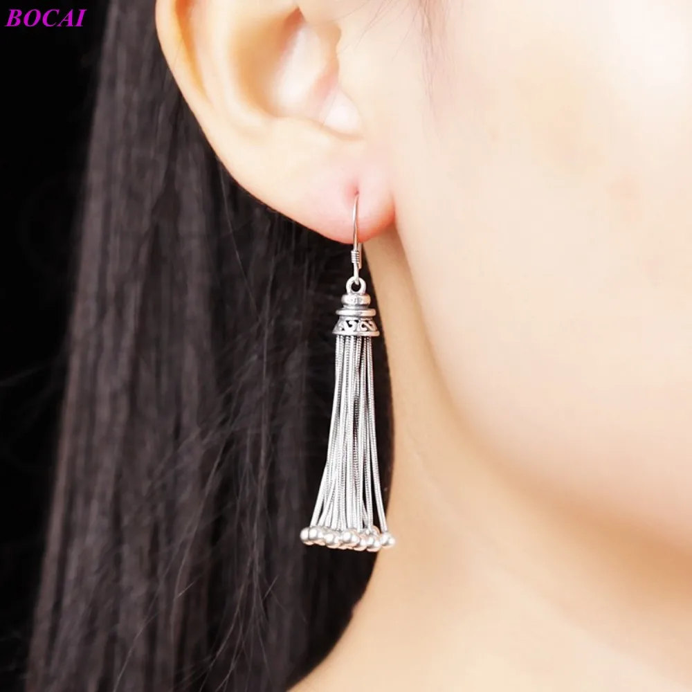 BOCAI S925 Sterling Silver Ear Drop for Women Dumb Light Long Tassels Female New Fashion Argentum Drop Earrings Free Shipping