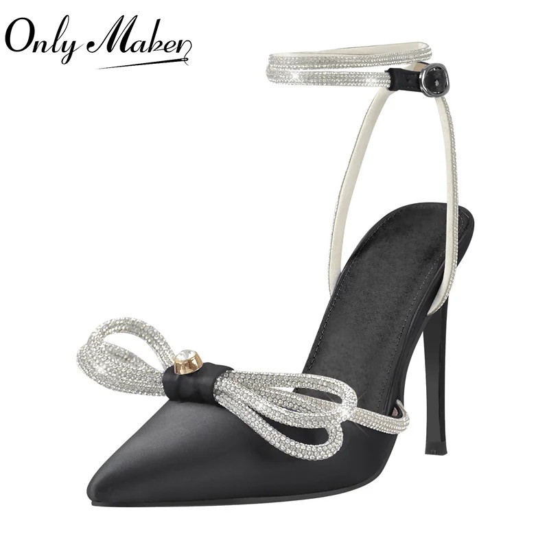 Onlymaker Women Pointed Toe Sandals Silver PVC Black Satin Butterfly-Knot Crystal Bordered Ankle Buckle Thin High Heels Sandals