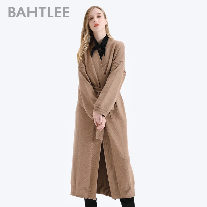 BAHTLEE-Women\'s Cashmere Coat with Belt, V-Neck Cardigan, Wool Sweater, Knitted, Long Sleeves, Loose Coat, Autumn, Winter