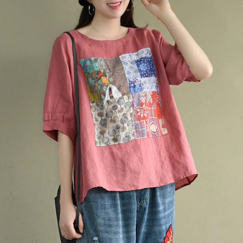 2022 Summer New Arts Style Women Short Sleeve Loose Back Bow Tee Shirt Femme Cotton Linen Tops Patchwork Print T-shirt M139