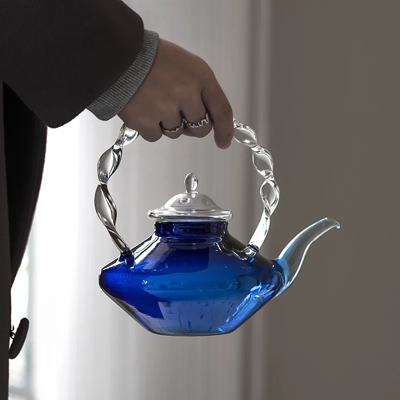 

Blue Heat-Resistant Glass Teapot Handle High-Value Klein Blue Flower Tea Kettle Large Teapot Kung Fu Tea Set